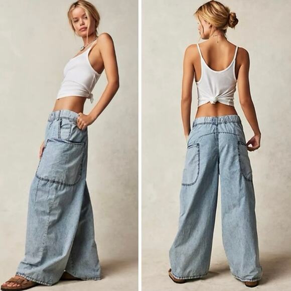 We the Free Shibuya Pull On Wide Leg Slouchy Smock Waist Jeans Size S Baggy Boho - Picture 1 of 8